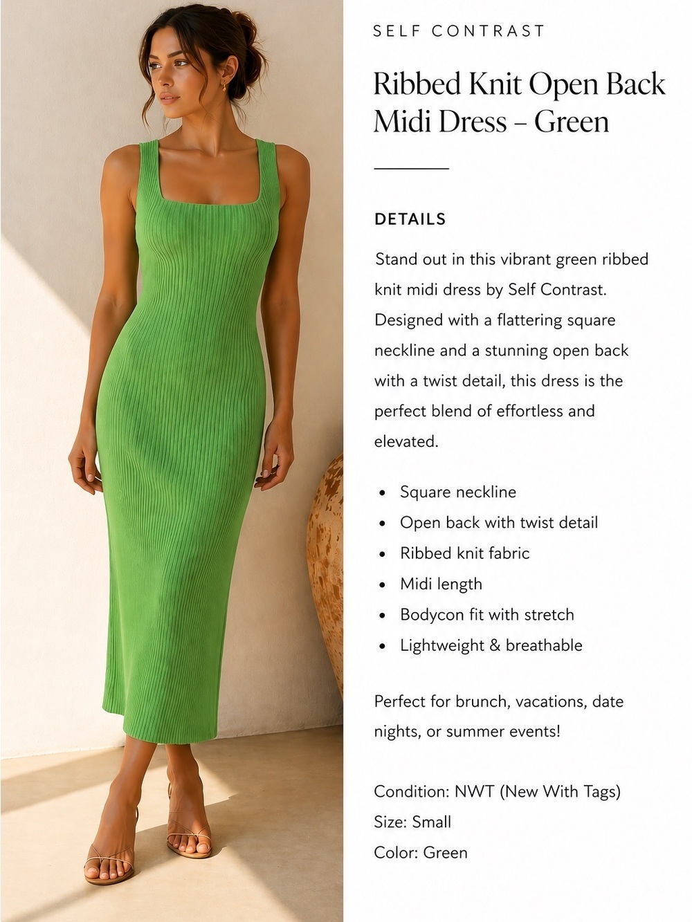 NWT SELF CONTRAST Jada Ribbed Knit Open Back Midi Dress - Acid Lime - Small